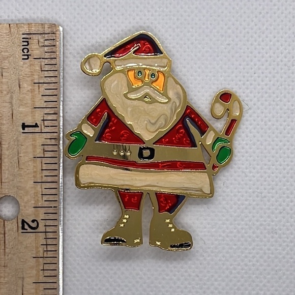 Christmas Brooch Lapel Pin Santa Claus Hand Painted Gold Tone - Picture 5 of 6